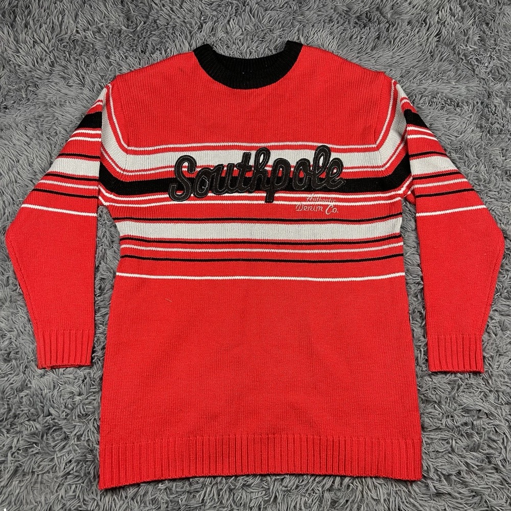 Vintage Southpole Men's Large Sweater Red Black‎ Stripe Knit Pullover Acrylic